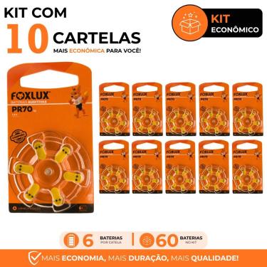 Imagem de Bateria Auditiva Foxlux PR70 - ZA10 Tecnologia Zinco-Ar 105MAH Kit com 60 Amarelo 60UN