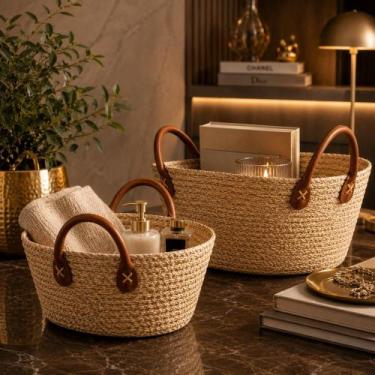 Imagem de Cesto de Fibra Natural Mocca 28cm Organizador Redondo com Alças Multiu