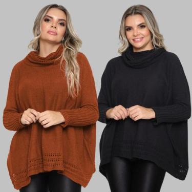 Imagem de Kit 2 Poncho Feminino Tricot Mousse Liso Gola Alta Casaco Lã - Rosilen