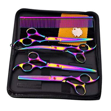 Imagem de Conjunto de tesouras profissionais de cuidados para cães de 17,78 cm F Fityle 1Set Tesoura de corte reta e fina - Multicolorido