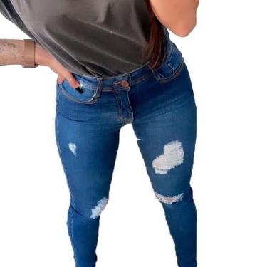 Imagem de Calça Feminina Skinny Jeans Detalhes Azul Desfiado Cós Alto Modinha Blogueira-Feminino