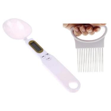 Imagem de Colher Balança Digital Dosador Medidor Display Muito Prática (Colher Branca+Cortador Cebola)