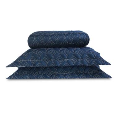 Imagem de Cobre Leito Colcha Queen 3 Peças Bordado Luxury Azul Marinho