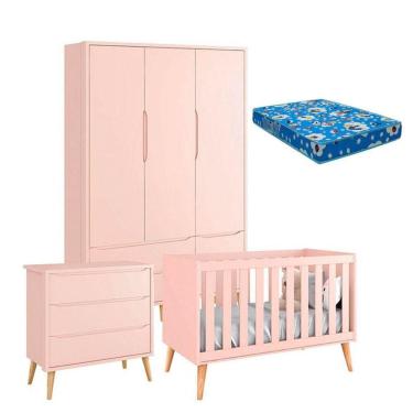 Imagem de Quarto de Bebê Theo 3 Portas com Colchão e Cômoda Gaveteiro Pés Madeira Natural