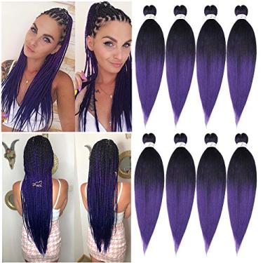 Imagem de Extensão de cabelo pré-esticada para trança de crochê profissional, 66 cm a 8 pacotes de água quente, permanente Yaki cabelo sintético para tranças torcidas, ombré preto a roxo (66 cm, #1B/roxo)