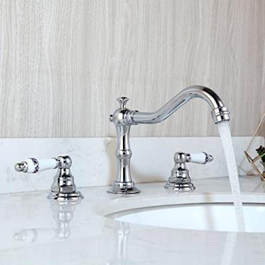 Imagem de Torneira misturadora de bacia de banheiro de latão sólido cromado, torneira de pia de cozinha preta de latão antigo alças duplas 3 peças torneira de bacia, torneira cromada02, China