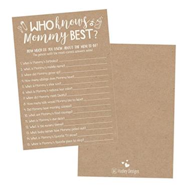 Imagem de 25 ideias de jogos de chá de bebê rústico Kraft para meninos e meninas atividades de festa divertidas Quem sabe a mamãe melhor gênero neutro revela novos pais adivinhando perguntas engraçadas pacote para crianças, mãe, pai e casais adultos