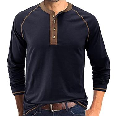 Imagem de NJNJGO Camiseta masculina Henley manga longa casual de algodão, Azul marino, XXG
