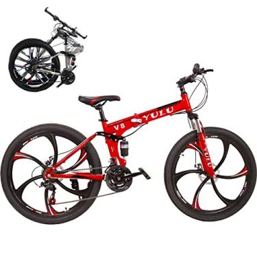 Imagem de Bicicleta dobrável portátil para adultos bicicletas dobráveis para adultos bicicleta de montanha dobrável com garfo de suspensão engrenagens de 66 cm bicicleta dobrável bicicleta da cidade moldura de aço de alto carbono, vermelha/6,21