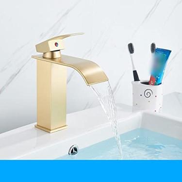 Imagem de Torneira para lavatório em cascata preta fosca Torneira para lavatório de alça única Misturador para lavatório de água quente e fria para banheiro Torneira misturadora para lavatório, curta, escova dourada