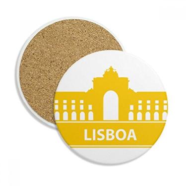 Imagem de Porta-copos de cerâmica Lisboa Portugal com pedra marco amarelo para caneca presente 2 peças