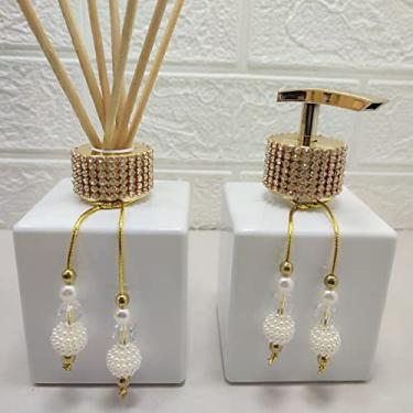 Imagem de Kit Lavabo Porta Sabonete Líquido Aromatizador Difusor-Jogo de Organizadores Para Banheiro-Dispenser-Branco e Dourado Strass-Luiggi Presentes®