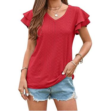 Imagem de Blusa feminina oca de manga curta verão manga com babados doce camisas casuais manga curta túnica tops liso pulôver camiseta, vermelho, P