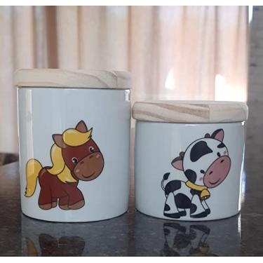 Imagem de Kit higiene bebê Fazendinha 2 potes - Peças Porcelana Tampas Pinus