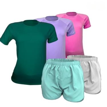 Imagem de 3 Camisetas Manga Curta + 2 Bermudas Tactel Feminina Proteção UV (GG, Verde-Lilas-Rosa-Verde C-Branc)