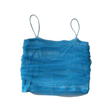 Imagem de Camiseta infantil de tule de malha para meninas, camiseta de verão, mistura de algodão, sutiã fino de cor doce, Azul, 12-18 Meses