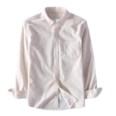 Imagem de WOLONG Camisa masculina de veludo cotelê de manga comprida, ajuste regular, gola abotoada, com bolso no peito, camisas masculinas casuais, Bege, G