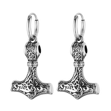 Imagem de HZMAN Brinco pendurado de aço inoxidável nórdico Viking Thors martelo Mjölnir brinco para homens joia presente, Aço inoxidável, Sem Pedra Preciosa