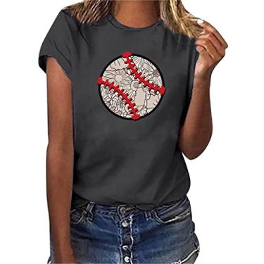 Imagem de Camiseta feminina de beisebol PKDong estampada, manga curta, gola redonda, blusa para sair para mulheres, beisebol, mamãe, Cinza escuro, M