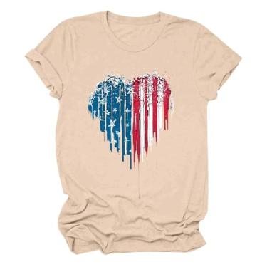 Imagem de Camiseta feminina de 4 de julho, gola redonda, mangas curtas, vermelho, branco, azul, bandeira dos EUA, tops de treino de verão, Bege - 1, XXG