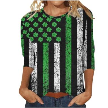Imagem de Camiseta feminina do Dia de São Patrício com estampa da bandeira irlandesa americana túnica verde manga 3/4, Laranja, P