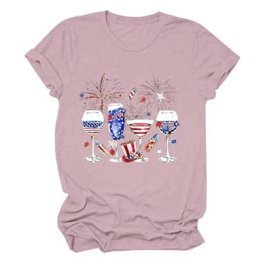 Imagem de Camisetas femininas de 4 de julho, blusas do Dia da Independência, taças de vinho, roupas de festa de verão, Rosa choque, G