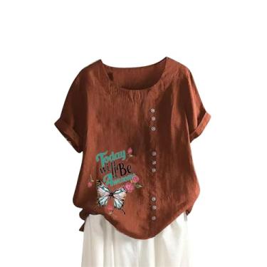 Imagem de Camisetas femininas de linho de verão com estampa de borboleta, caimento solto, manga curta, blusas casuais de férias, Marrom, 3G