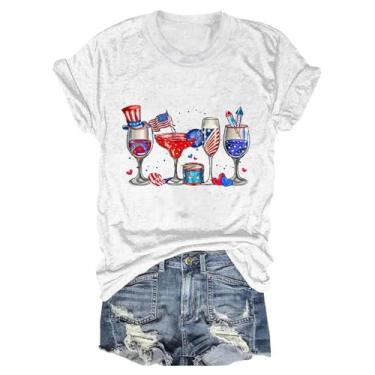 Imagem de Camiseta Happy 4th of July com estampa de taças de vinho, bandeira dos EUA, mangas curtas, roupas de festa de verão, Branco, M