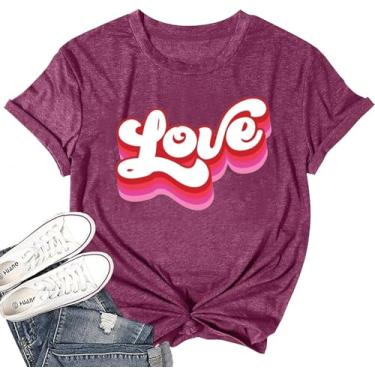 Imagem de SUEOSU Camiseta feminina retrô Love Valentines Day Be Mine Cute Coffee Latte Valentine Aquarela Pink Hearts Graphic Tee., Roxo, vermelho - 1, P
