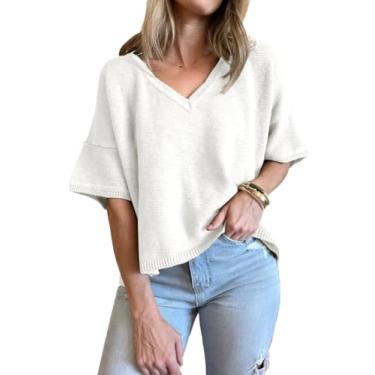 Imagem de Saodimallsu Suéter feminino de manga curta, casual, gola V, malha solta, leve, tamanho grande, camisetas de verão, Branco, P