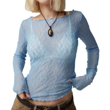 Imagem de Camisetas femininas Y2K de renda sexy de malha transparente manga longa camisetas de renda para sair tops cropped streetwear, Azul, G