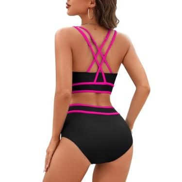Imagem de BMJL Biquíni feminino de cintura alta, cores contrastantes, roupa de banho esportiva com cobertura total, Preto, rosa, M