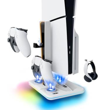 Imagem de Suporte de resfriamento para disco PS5 Slim e edição digital, suporte de carregamento de controlador duplo, ventilador de resfriamento de 3 velocidades, luz RGB e gancho para fone de ouvido. (Branco)