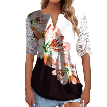Imagem de Lainuyoah Camisetas femininas estampadas vintage moda 2024 manga 3/4 Y2K renda patchwork gola V camisas florais, A - laranja, M