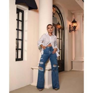 Imagem de Calça Jeans Wide Leg Feminina Cintura Alta Destroyed 22656 Média Consciência-Feminino
