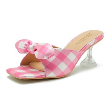 Imagem de LIURUIJIA Sandálias femininas de salto alto com laço de salto alto bico quadrado salto baixo chinelos sexy confortável formatura vestido de festa de casamento sapatos verdes salto agulha grosso