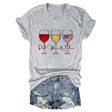 Imagem de Camiseta feminina Independence Day de manga curta com bandeira americana, taça de vinho, vermelha, branca, azul, gola redonda, Cinza, G