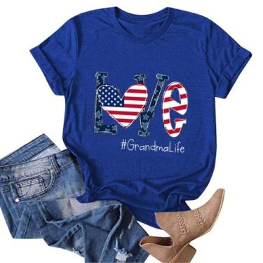 Imagem de Camisetas femininas com bandeira americana, manga curta, estampa Love Grandma Life, Dia da Independência, patriótica, casual, caimento solto, Azul, 3X-Large