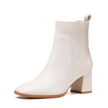 Imagem de Coutgo Bota feminina de cano baixo, salto grosso, bico quadrado, emenda, meia, Branco creme, 40