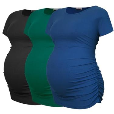 Imagem de Smallshow Camisetas femininas de maternidade com nervuras Rcuhed Roupas para Gravidez Pacote com 3, Preto-escuro verde-azul-petróleo (pacote com 3), M