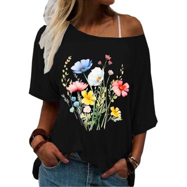 Imagem de Camisetas florais femininas sensuais com ombros de fora, flores silvestres, vintage, boêmio, estampa floral, Preto - 4, M
