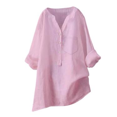 Imagem de Camiseta feminina de linho de cor sólida, manga comprida, gola V, botões, solta, casual, elegante, elegante, rosa, G