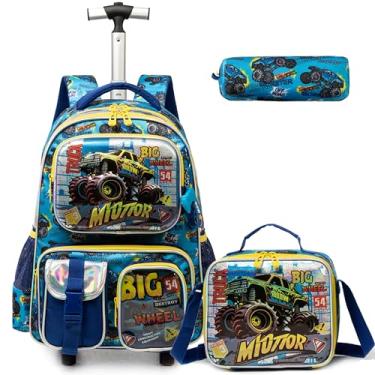 Imagem de Egchescebo Mochila Escolar Infantil com Rodinhas para Menino e Crianças Rodas Bolsa Mala Carrinho 17” 3PCS Lancheira Juvenil Estojo Costas Divertidamente Multifuncionais Buggy de Duna Azul