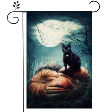 Imagem de RTKHFZE Bandeira de jardim de Halloween 30 x 45 cm dupla face, bandeira de serapilheira de jardim dupla face abóbora gato preto decorações de Halloween para decoração de quintal de casa