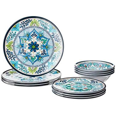 Imagem de Talavera Conjunto de louça de melamina com 12 peças – pratos e tigelas multicoloridos para 4, inspirado em azulejos espanhóis, durável, leve, à prova de estilhaçamento, seguro para lava-louças