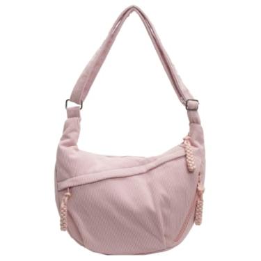Imagem de Bolsa Hobo para mulheres e homens, bolsa de ombro crescente, retrô, de lona de nylon, bolsa transversal de veludo cotelê despojado, C, rosa