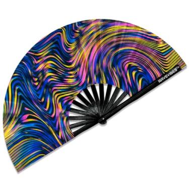 Imagem de Ravevibes Ventilador de mão dobrável grande de 33 cm, ventilador de bambu para festivais, ventiladores dobráveis com brilho UV Edm para rave roupas, acessórios, apresentação, dança, festa para homens