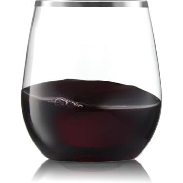 Imagem de Pacote com 32 taças de vinho de plástico sem haste descartáveis com borda prateada de 340 g - reciclável e livre de BPA, utensílios elegantes para todas as bebidas, coquetéis, recepção de casamento