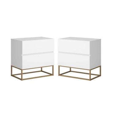 Imagem de Kit 2 Mesa de Cabeceira Lateral Estilo Industrial 2 Gavetas Eros 45 Base Dourado Cor:Branco
