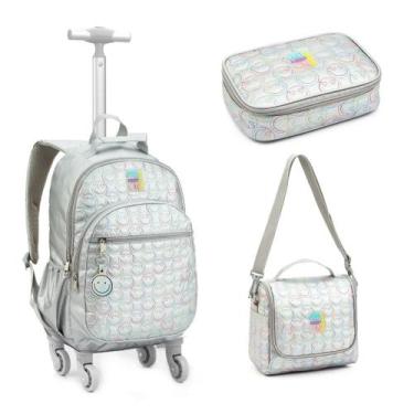 Imagem de Kit Mochila Rodinha 360º Juvenil Feminina Metalizada Chaveiro Denlex, 